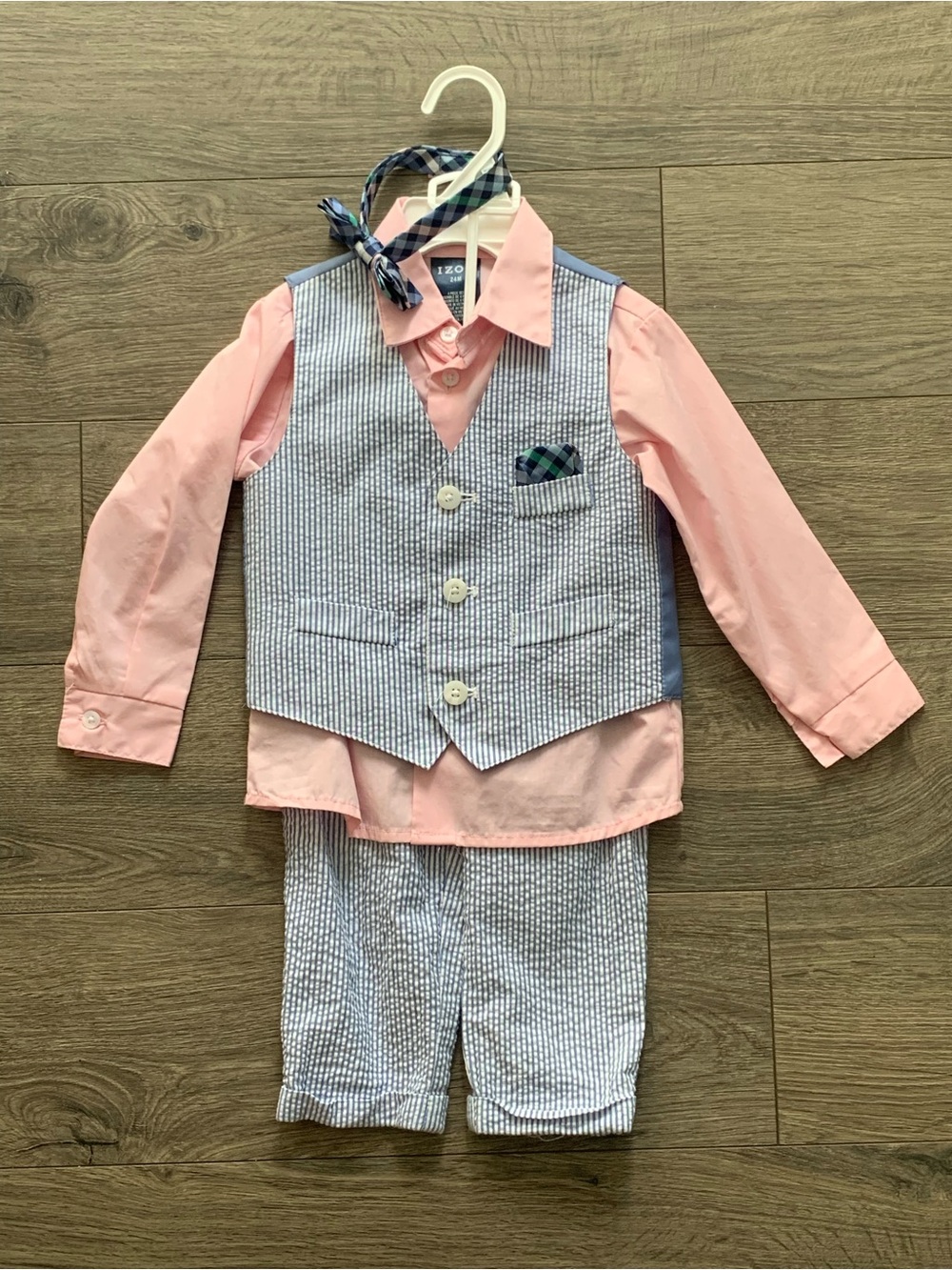 Izod Pink Shirt with Blue-White Seersucker Vest & Pants Set